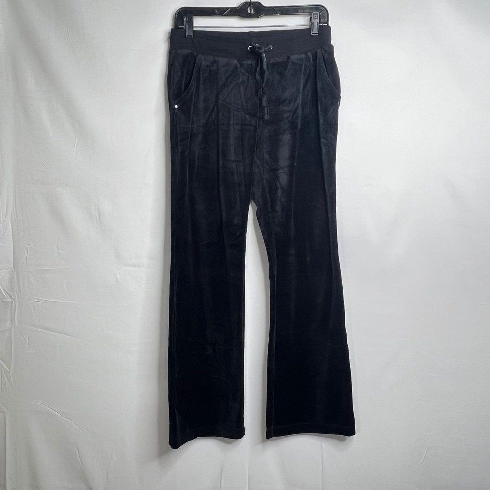Black Velour Track Pants Womens M Flare Leg Y2K Lounge 90s Minimalism McBling